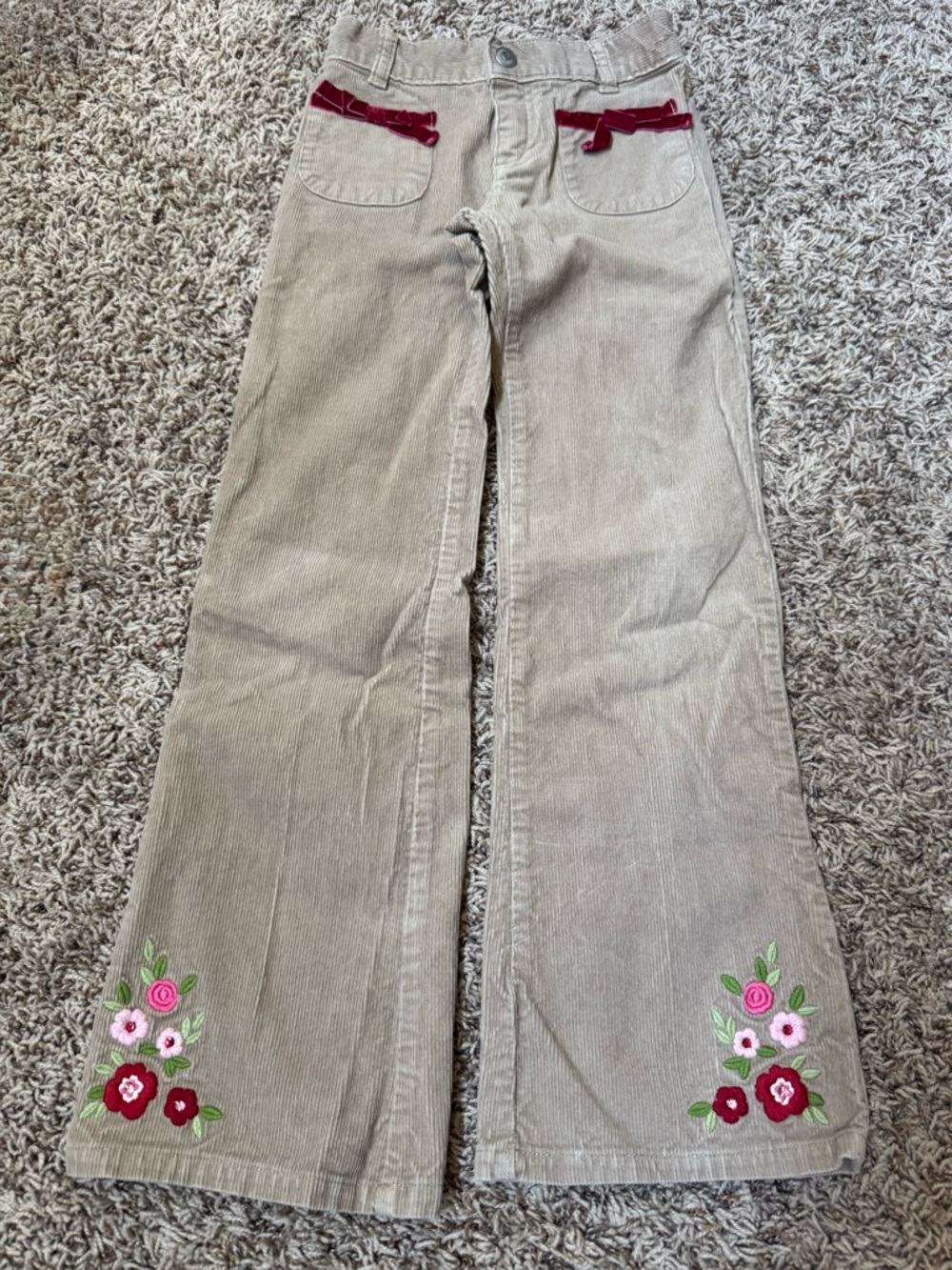 Vintage Gymboree Girls' tan Corduroy Flare Pants w Pink & Red Floral Embroidery